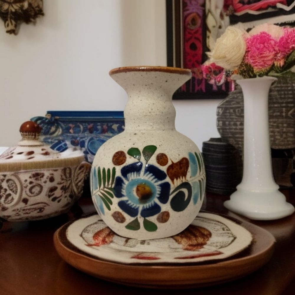 Tonala Pottery Bud Vase MINI Mexico Floral Sandstone Handpainted Signed Western.